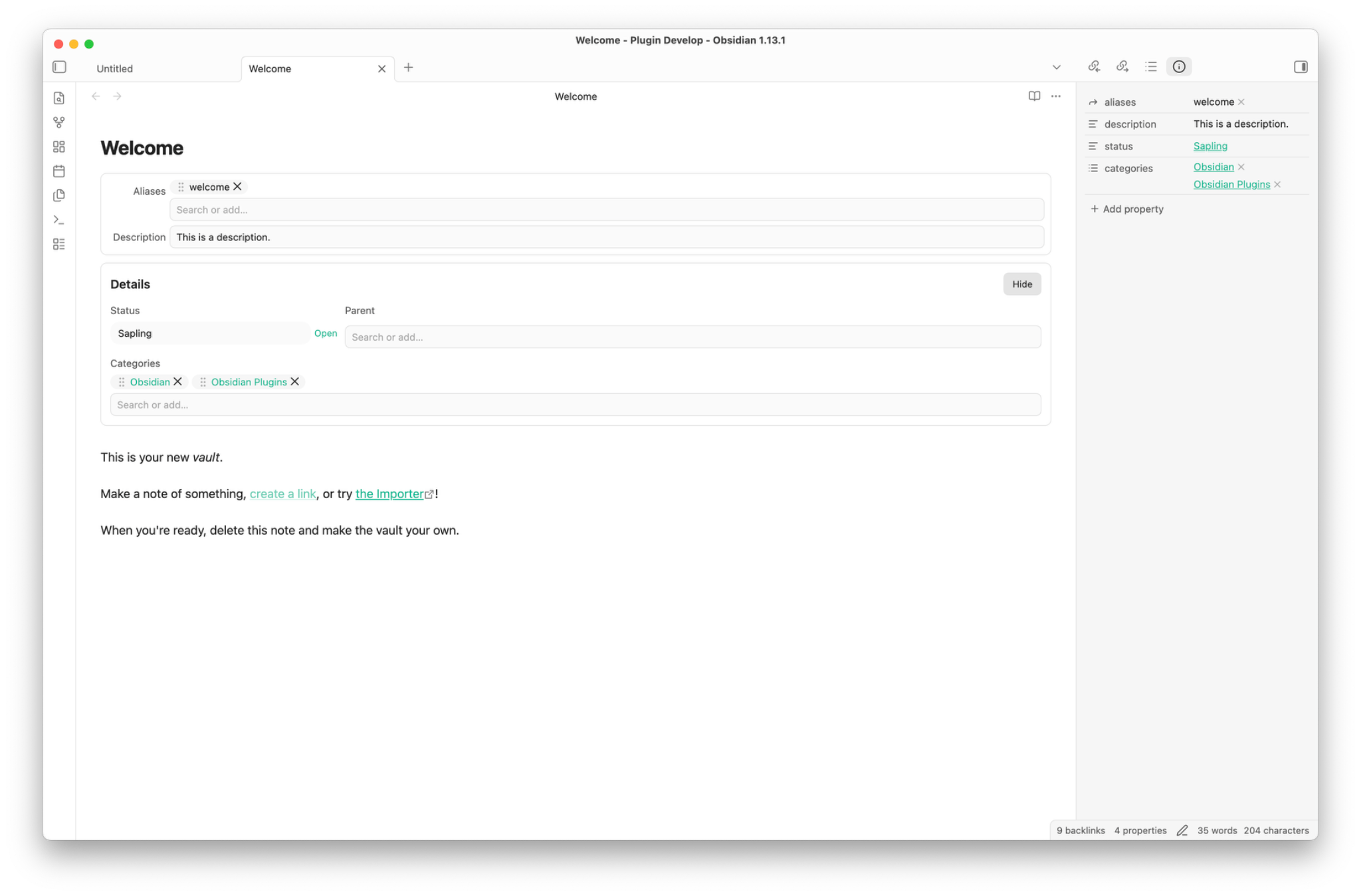 Property Panels displaying editable frontmatter fields inside an Obsidian note