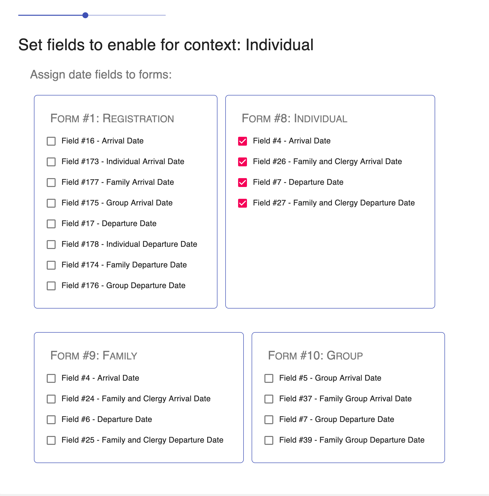 Context page settings section showing the various forms and fields to select for blocking.