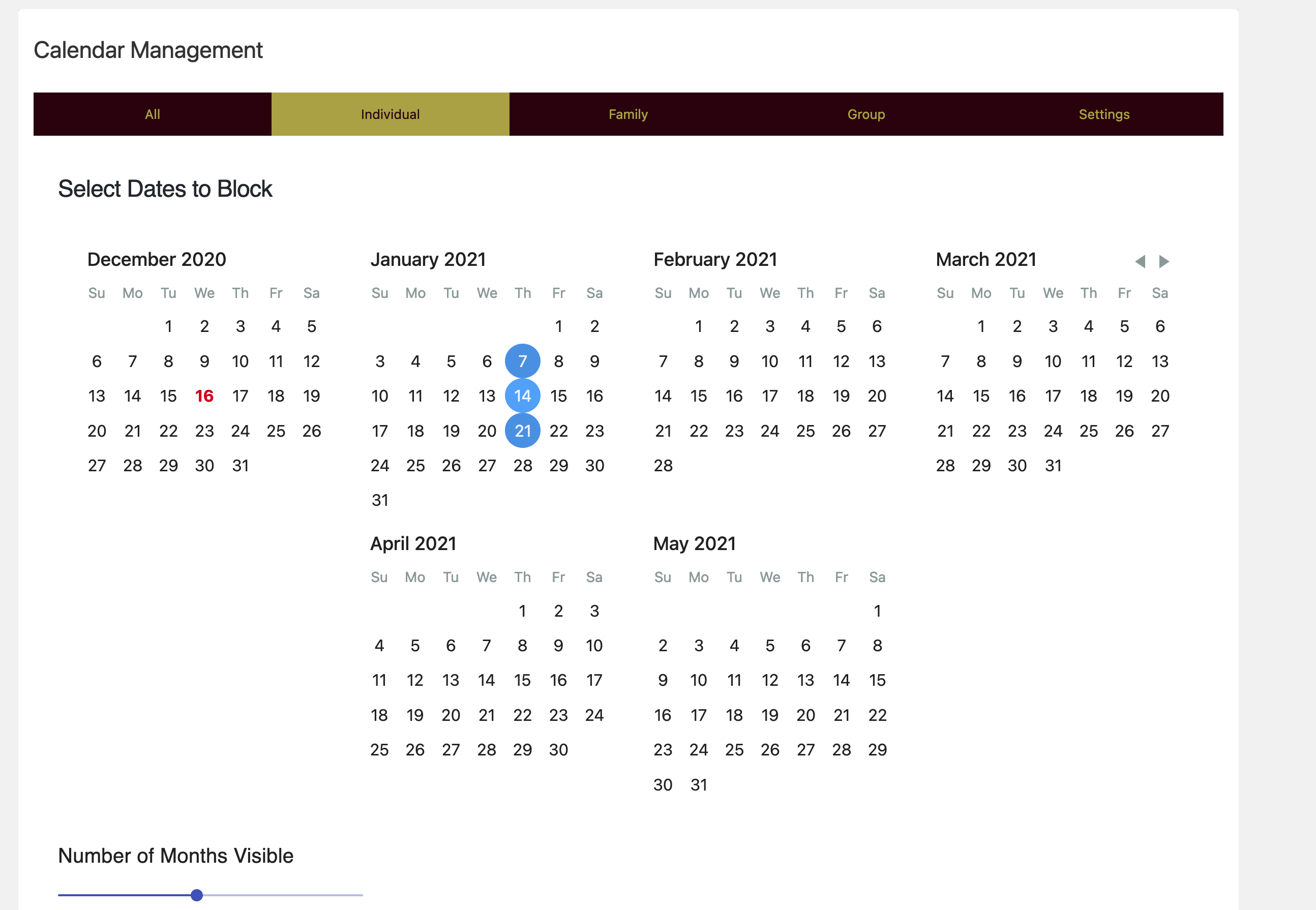 Context page group of six month calendars with a few dates blocked, and the date fields being blocked underneath.