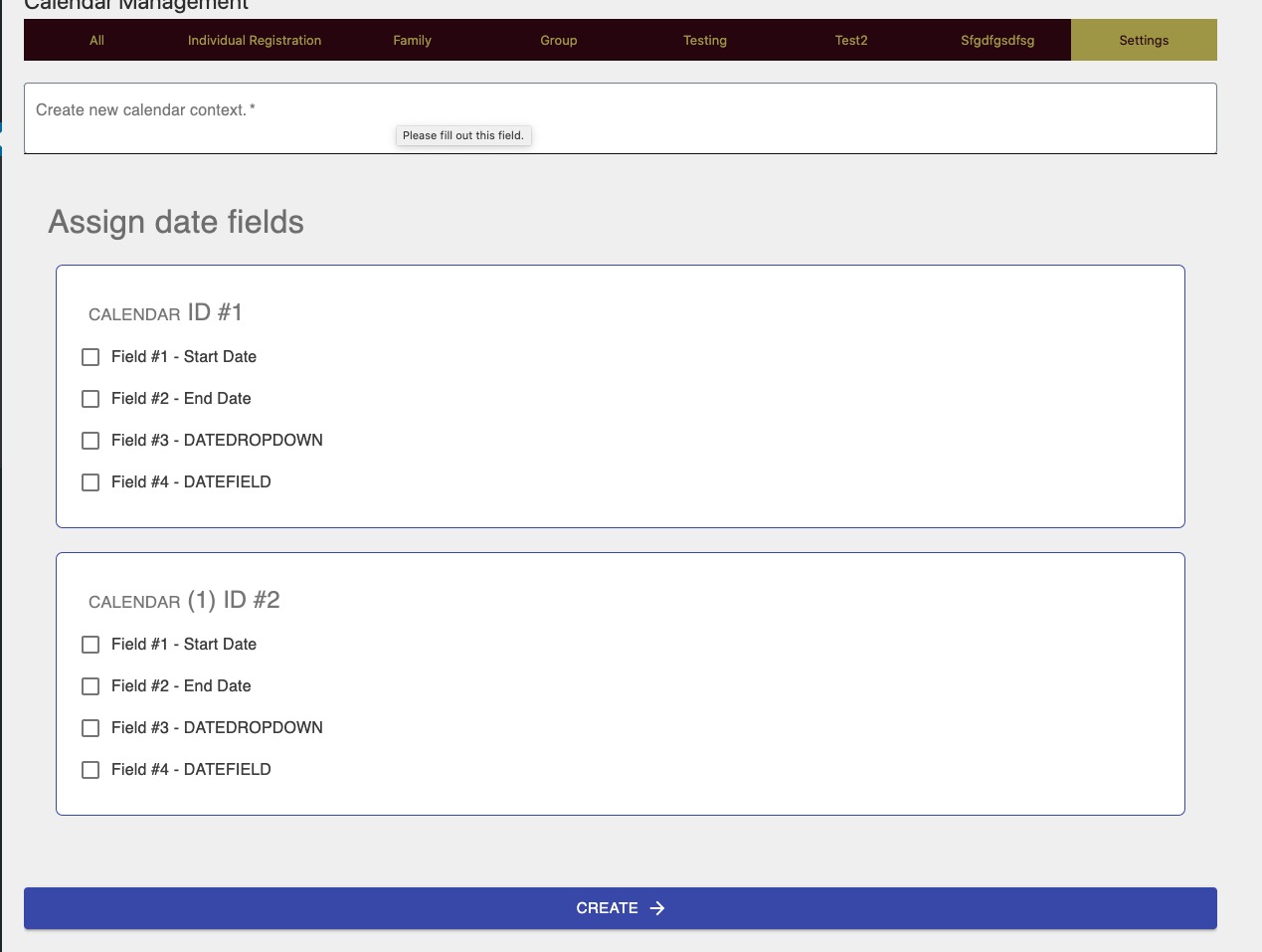 Settings page with input to set name of new context and group of date fields available from forms