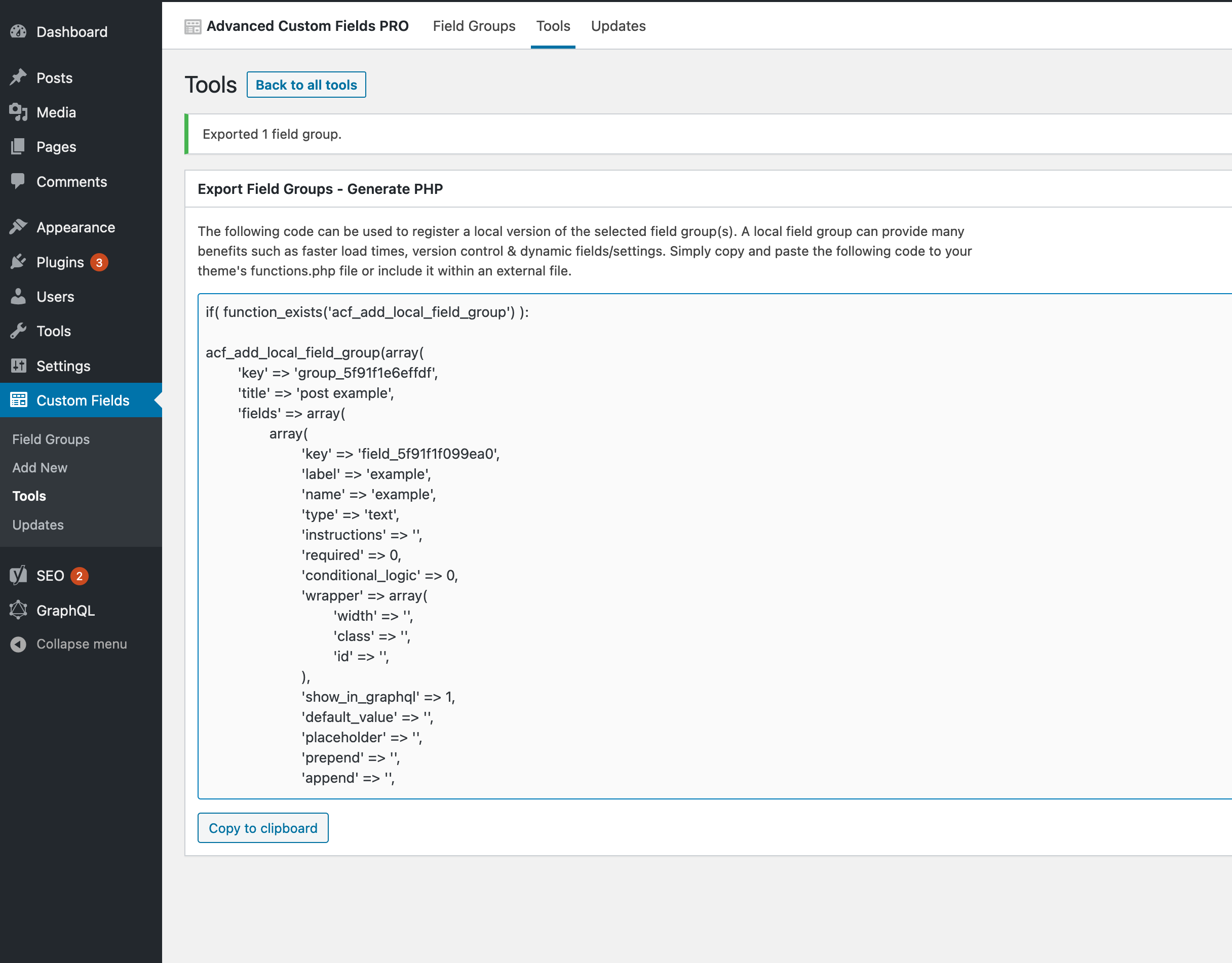 field key name found in export of ACF group