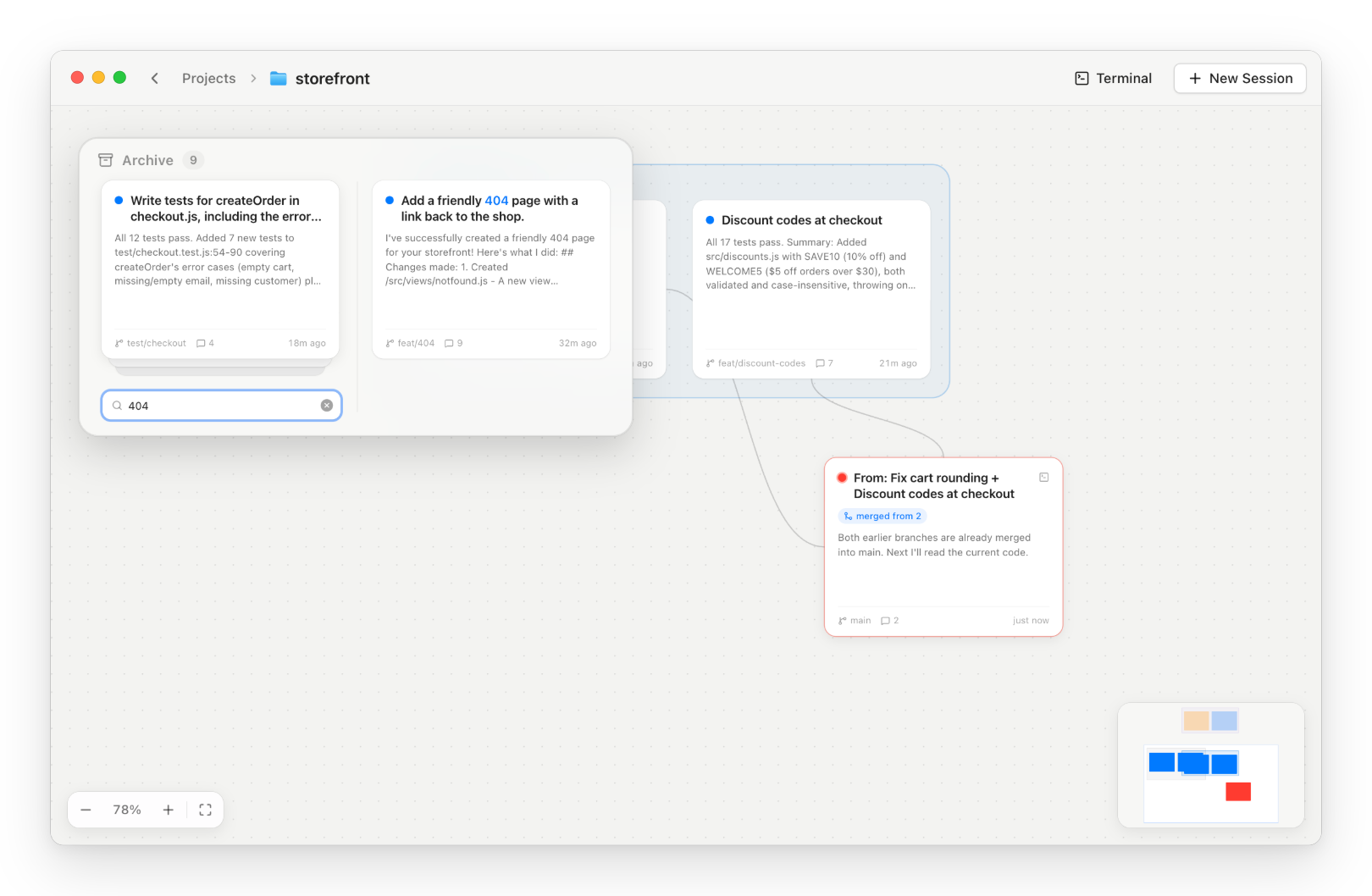 The archive stack open with search results for 404