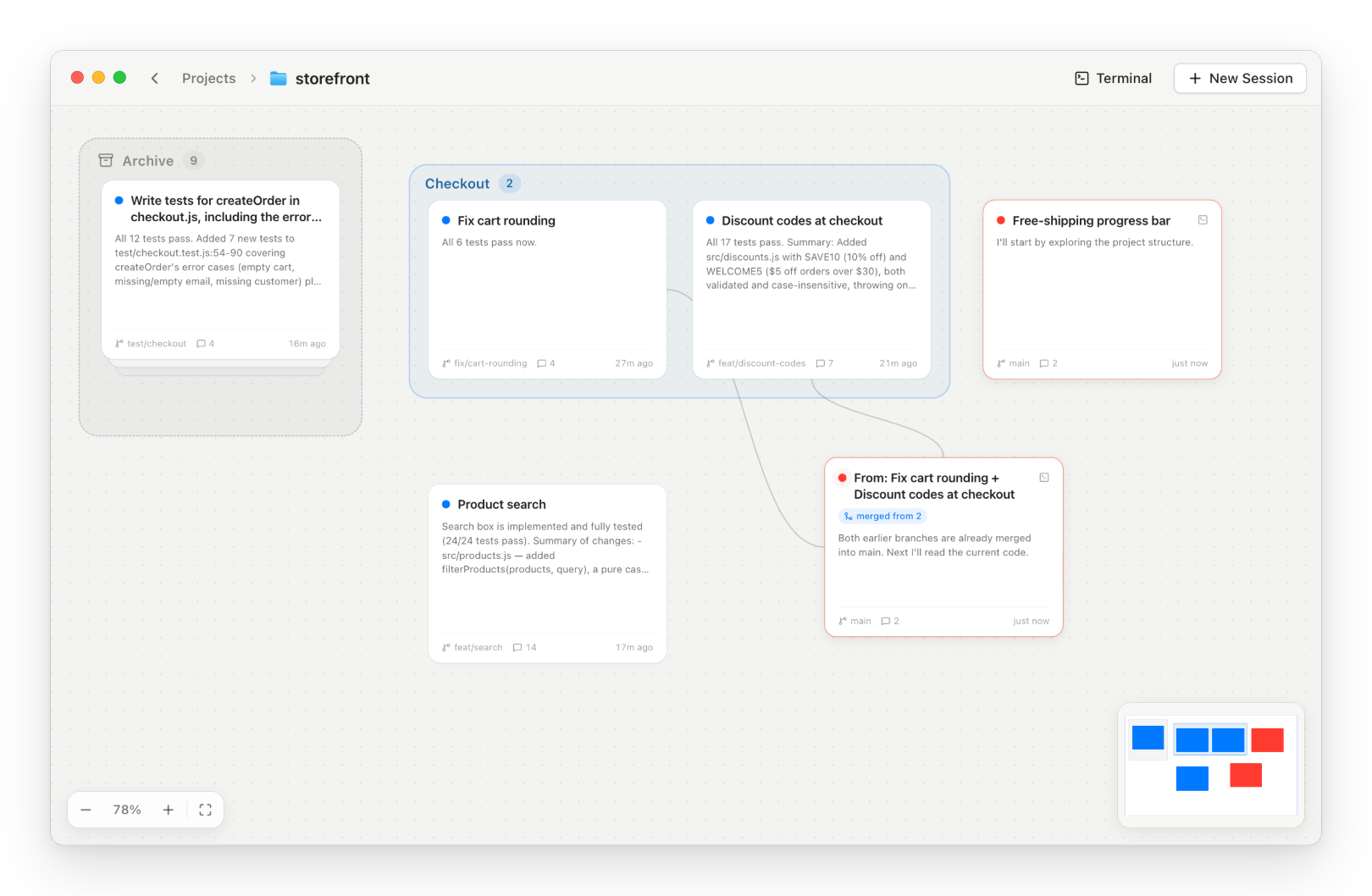The board: a card per session, grouped into sections, with the archive stack on the left