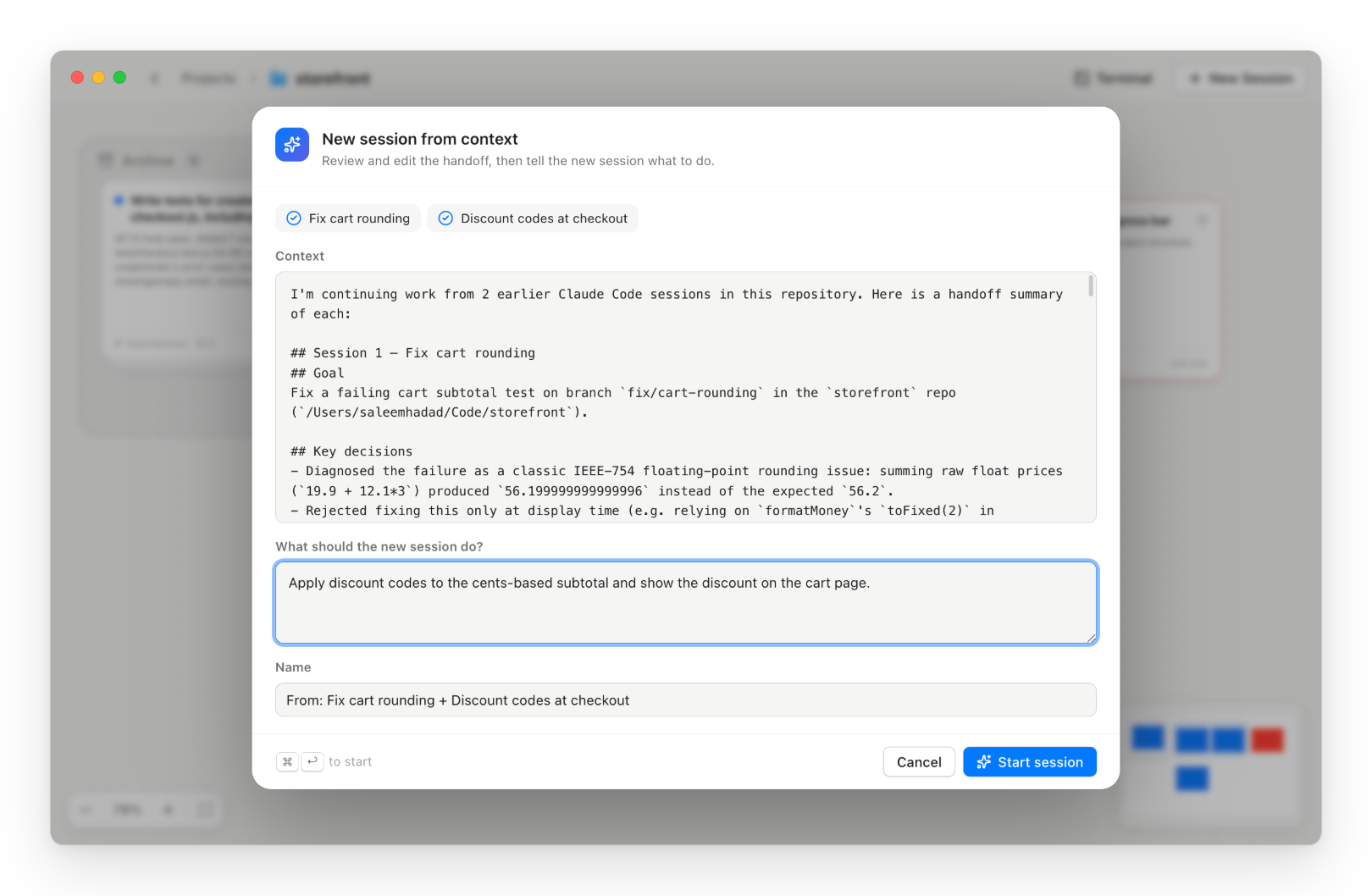 The new session from context dialog with handoff summaries of two sessions