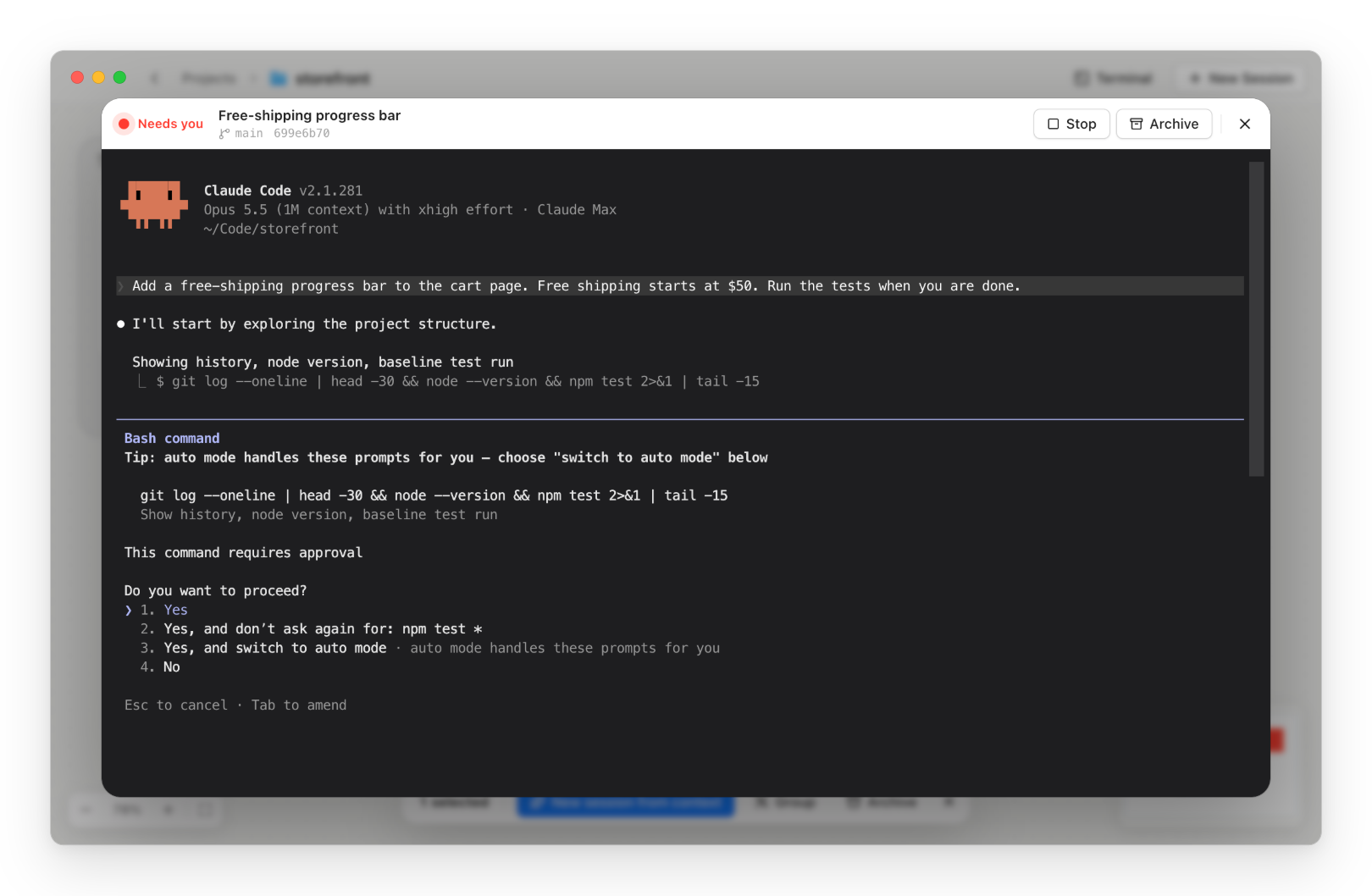 A card open in the terminal modal, with Claude asking for permission