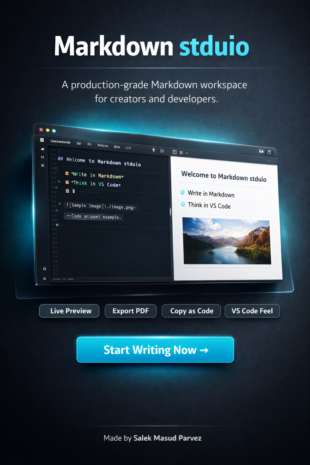 Markdown Studio Interface – clean split view with syntax highlighting