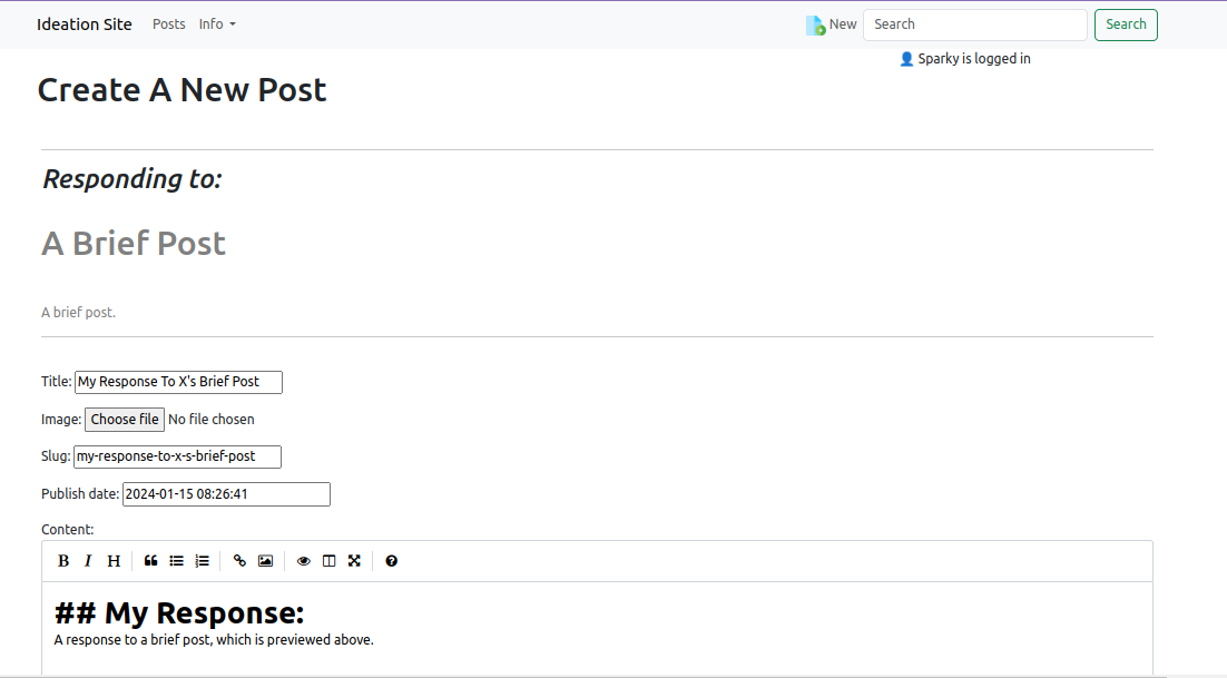 Image Showing Editor with pretty markdown widget responding to a post previewed above in the same form