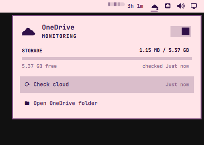 OmaOneDrive Compact panel showing storage and the two primary actions