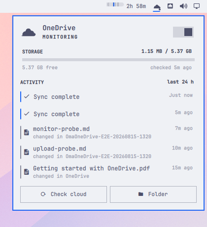 OmaOneDrive Full panel rendered in a second Omarchy theme
