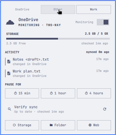 Multiple accounts: independent controls and activity for the selected Work account