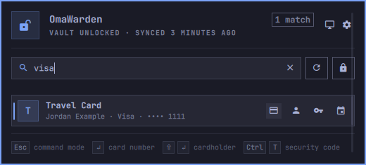 Searching "visa": a card with number, cardholder, security code and expiry actions