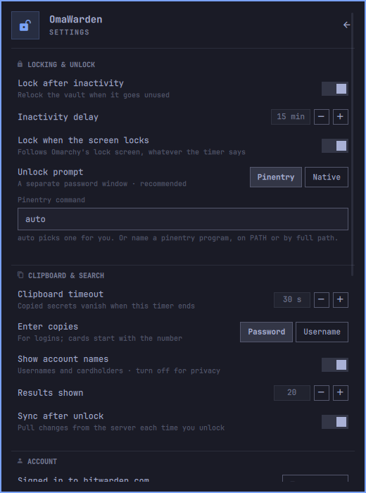 Settings: locking, clipboard, account, advanced