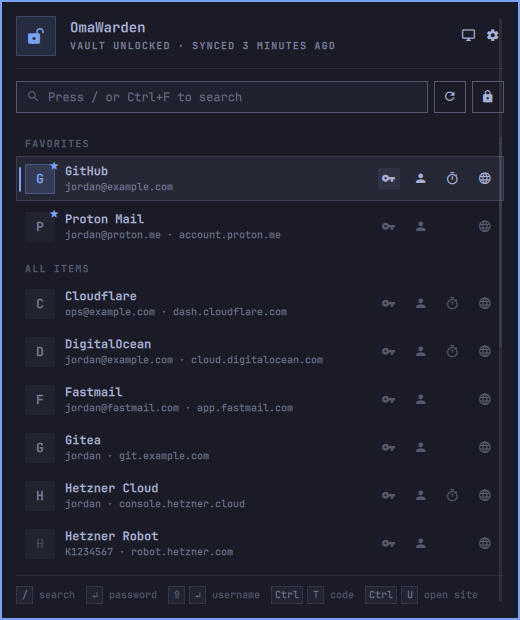 Browsing the vault: favourites first, then every login and card