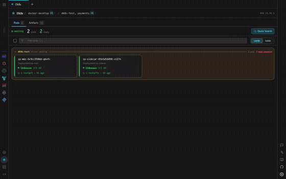 One pod — logs, a shell, Doctor, the file Explorer, Describe and YAML