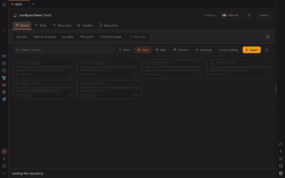 The team view, and an issue opened as a sheet over the board