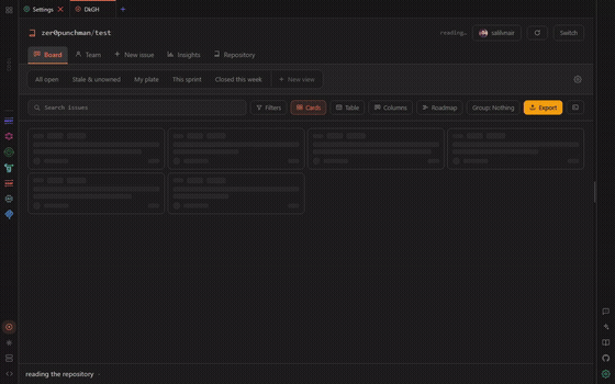 The DkGH board — cards, table, columns and roadmap from one filter