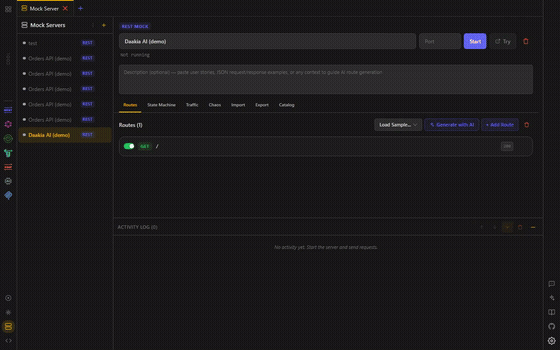 A mock server started, with Routes, Traffic, Chaos and the State Machine