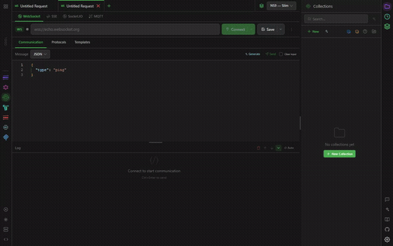 A WebSocket connected, a frame sent and echoed back