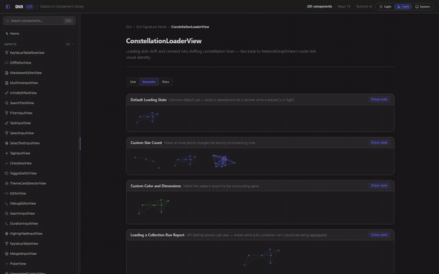 A constellation loader, a breathing loader, streaming text and a command orb