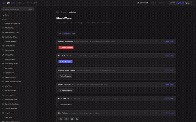 A modal opening over the examples and closing on Escape