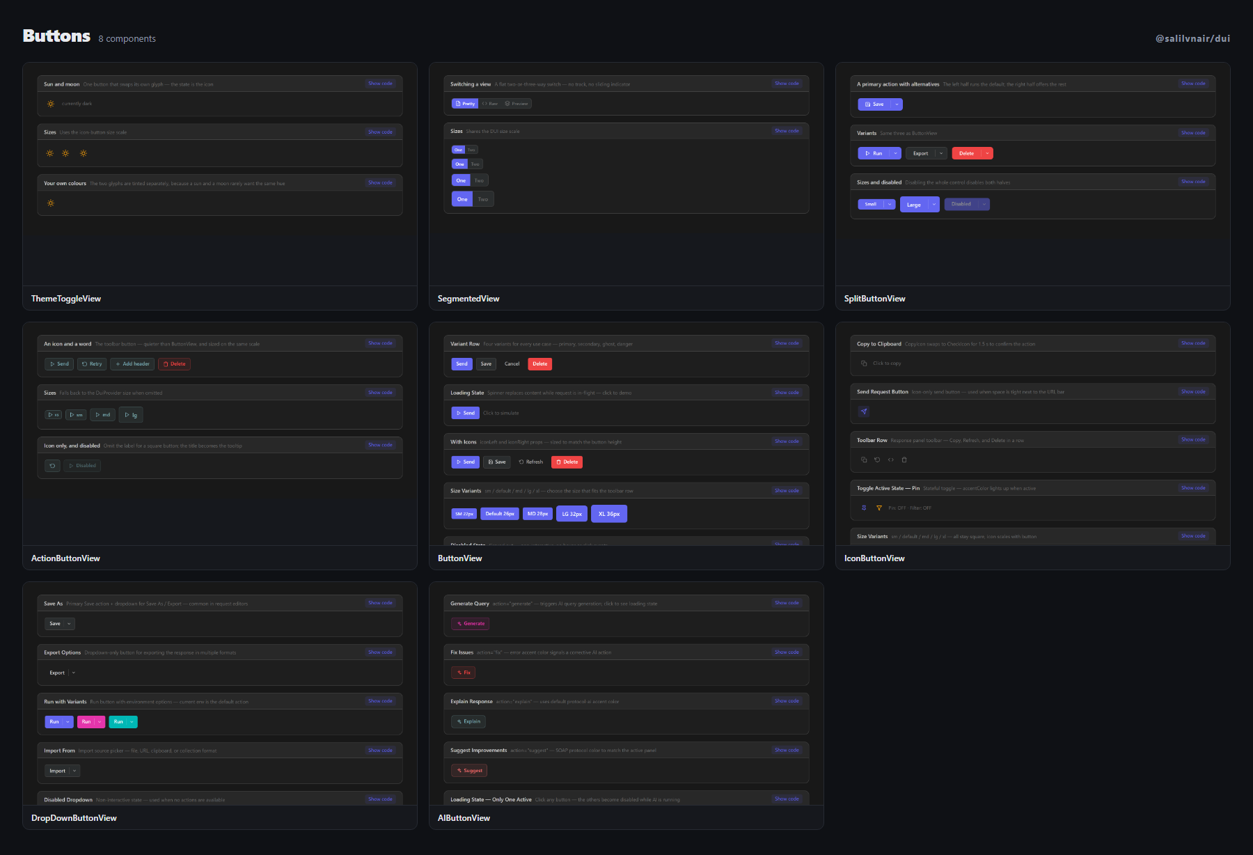 Buttons — ThemeToggleView, SegmentedView, SplitButtonView, ActionButtonView, ButtonView, IconButtonView, DropDownButtonView, AIButtonView