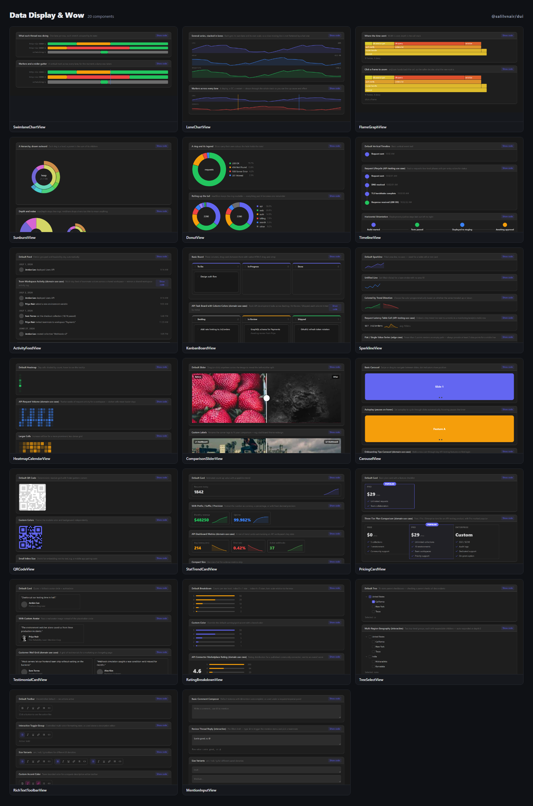 Data Display & Wow — SwimlaneChartView, LaneChartView, FlameGraphView, SunburstView, DonutView, TimelineView, ActivityFeedView, KanbanBoardView, SparklineView, HeatmapCalendarView, ComparisonSliderView, CarouselView, QRCodeView, StatTrendCardView, PricingCardView, TestimonialCardView, RatingBreakdownView, TreeSelectView, RichTextToolbarView, MentionInputView