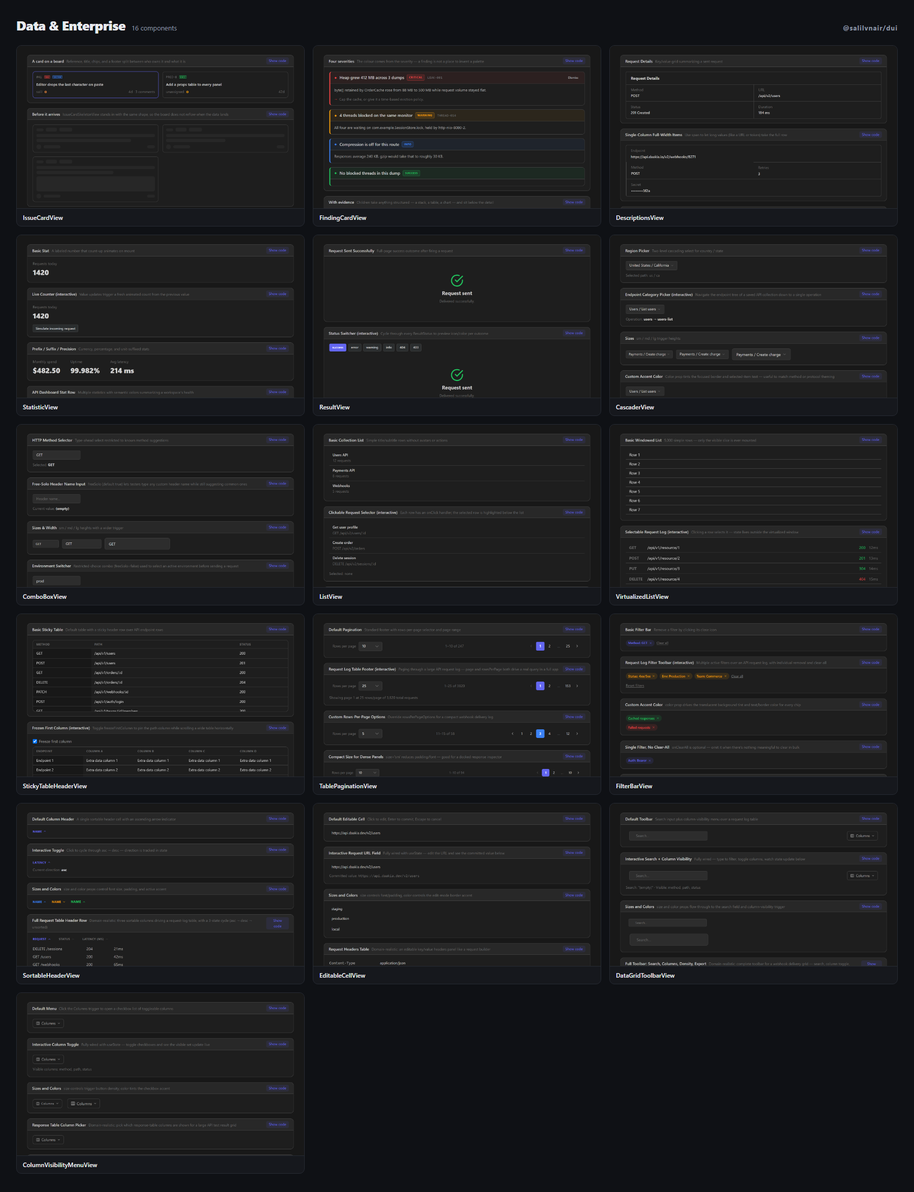 Data & Enterprise — IssueCardView, FindingCardView, DescriptionsView, StatisticView, ResultView, CascaderView, ComboBoxView, ListView, VirtualizedListView, StickyTableHeaderView, TablePaginationView, FilterBarView, SortableHeaderView, EditableCellView, DataGridToolbarView, ColumnVisibilityMenuView