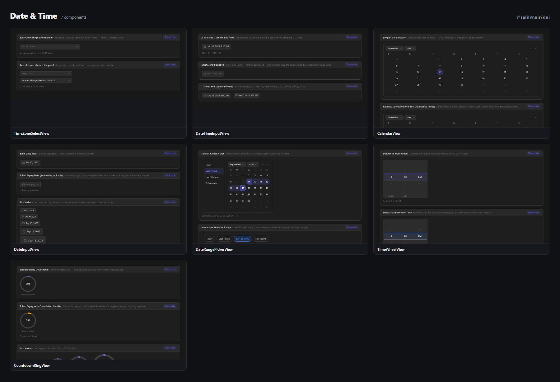 Date & Time — TimeZoneSelectView, DateTimeInputView, CalendarView, DateInputView, DateRangePickerView, TimeWheelView, CountdownRingView