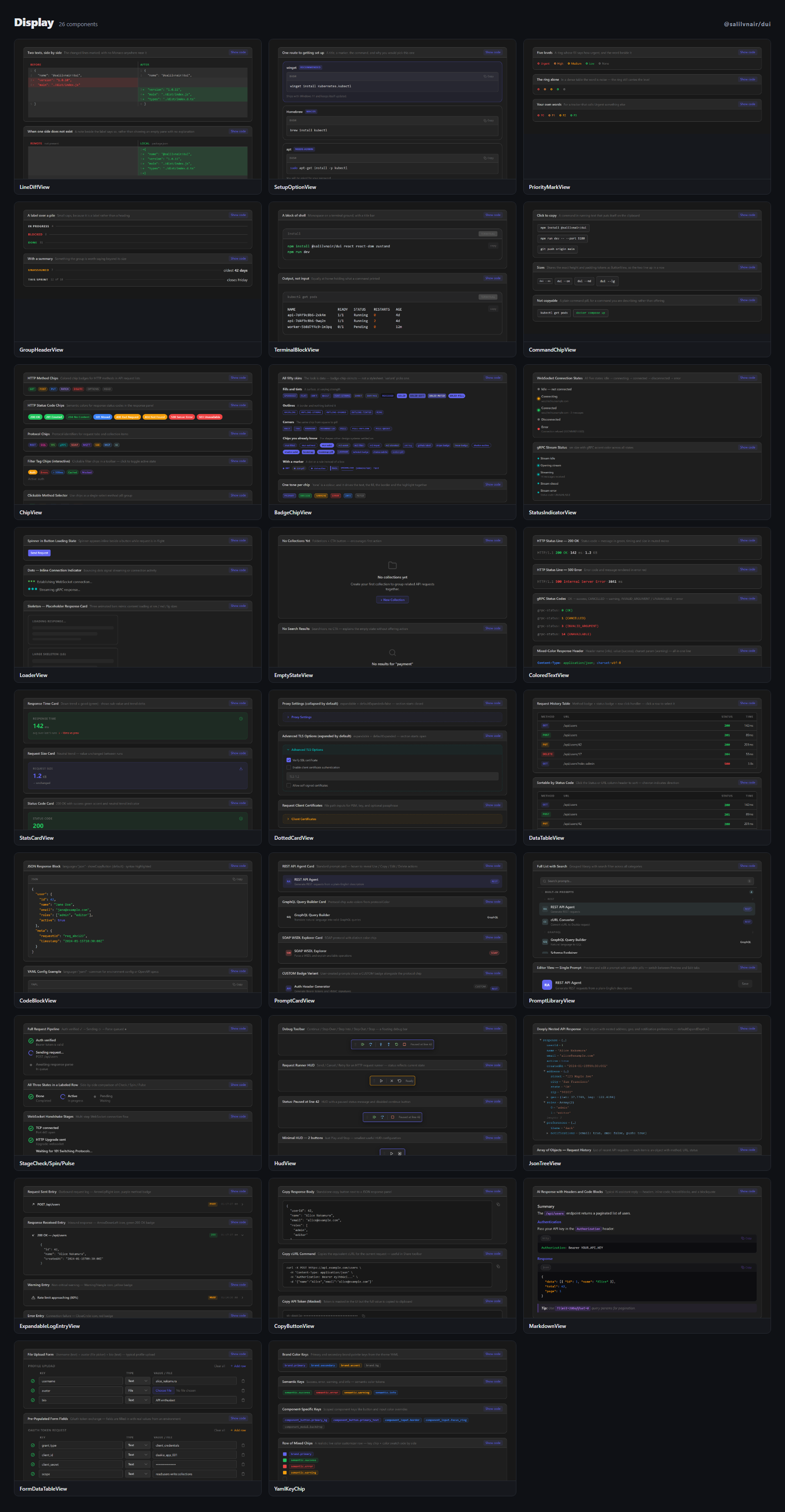 Display — LineDiffView, SetupOptionView, PriorityMarkView, GroupHeaderView, TerminalBlockView, CommandChipView, ChipView, BadgeChipView, StatusIndicatorView, LoaderView, EmptyStateView, ColoredTextView, StatsCardView, DottedCardView, DataTableView, CodeBlockView, PromptCardView, PromptLibraryView, StageCheck/Spin/Pulse, HudView, JsonTreeView, ExpandableLogEntryView, CopyButtonView, MarkdownView, FormDataTableView, YamlKeyChip