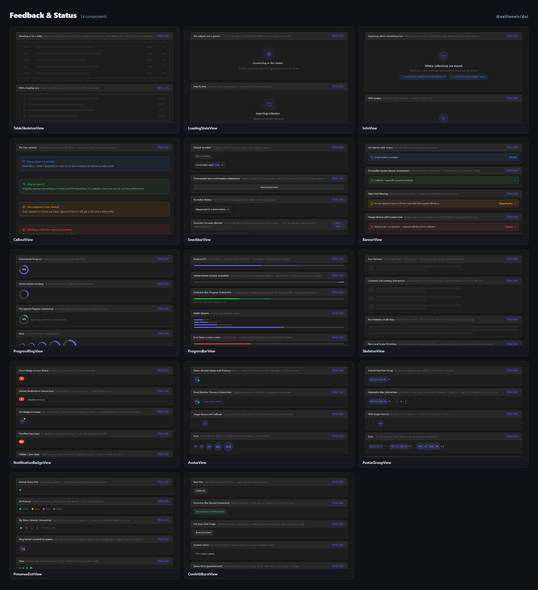Feedback & Status — TableSkeletonView, LoadingStateView, InfoView, CalloutView, SnackbarView, BannerView, ProgressRingView, ProgressBarView, SkeletonView, NotificationBadgeView, AvatarView, AvatarGroupView, PresenceDotView, ConfettiBurstView