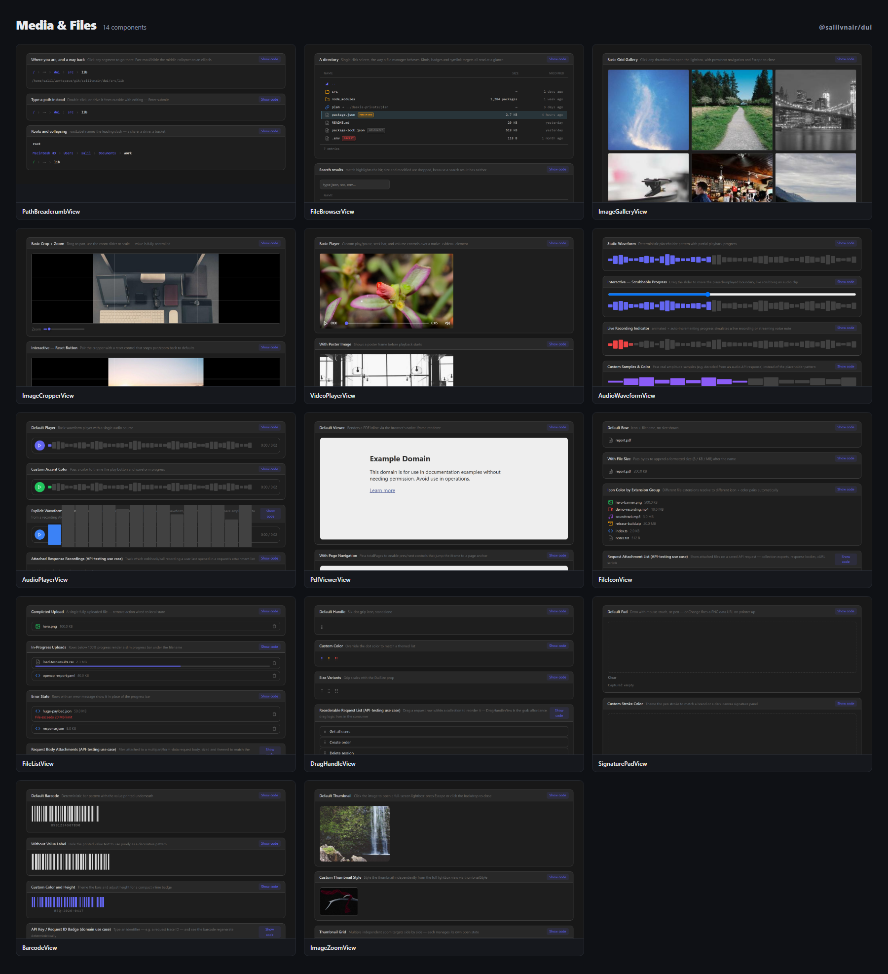 Media & Files — PathBreadcrumbView, FileBrowserView, ImageGalleryView, ImageCropperView, VideoPlayerView, AudioWaveformView, AudioPlayerView, PdfViewerView, FileIconView, FileListView, DragHandleView, SignaturePadView, BarcodeView, ImageZoomView