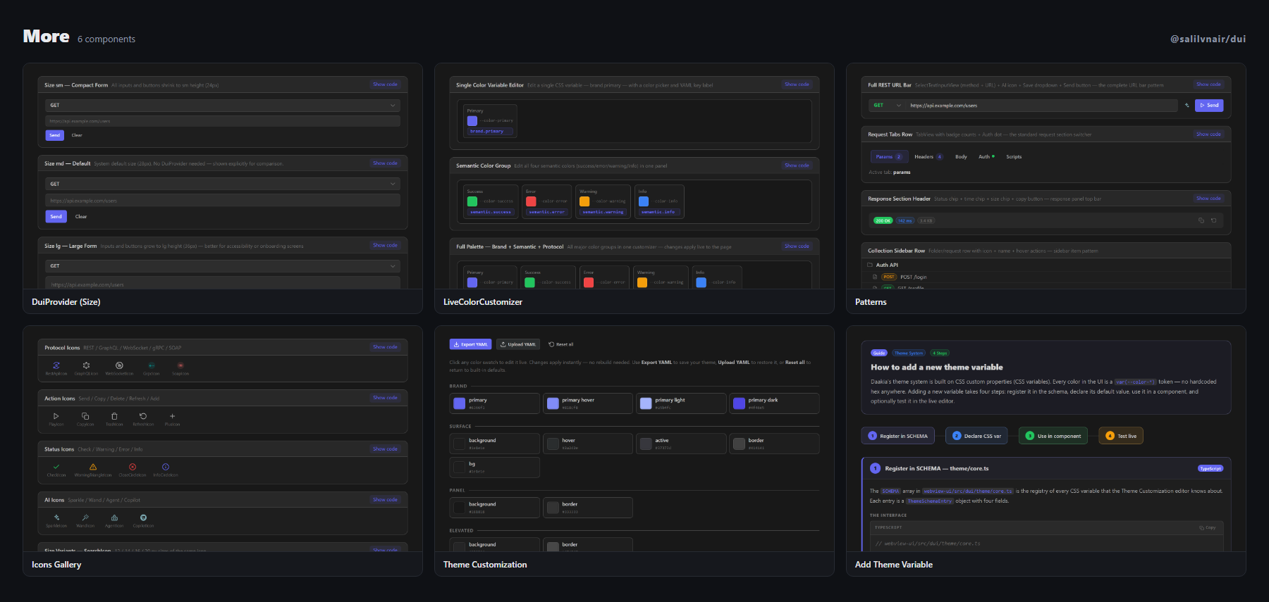More — DuiProvider (Size), LiveColorCustomizer, Patterns, Icons Gallery, Theme Customization, Add Theme Variable