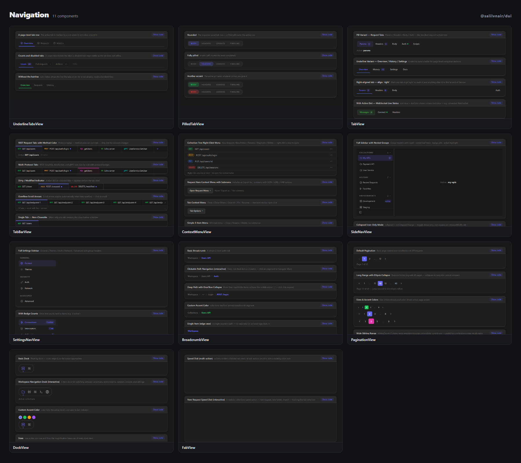 Navigation — UnderlineTabsView, PilledTabView, TabView, TabBarView, ContextMenuView, SideNavView, SettingsNavView, BreadcrumbView, PaginationView, DockView, FabView