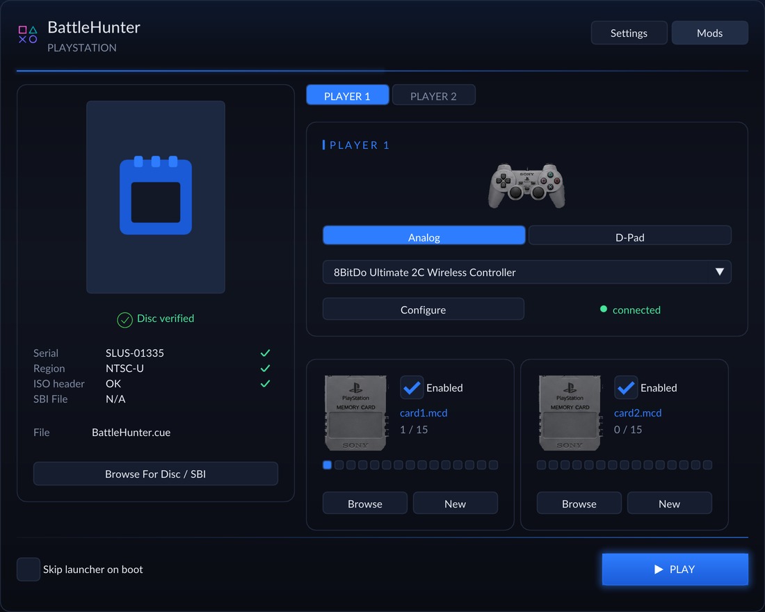 Launcher do Battle Hunter Recompiled para Linux com botão de iniciar e seleção de disco