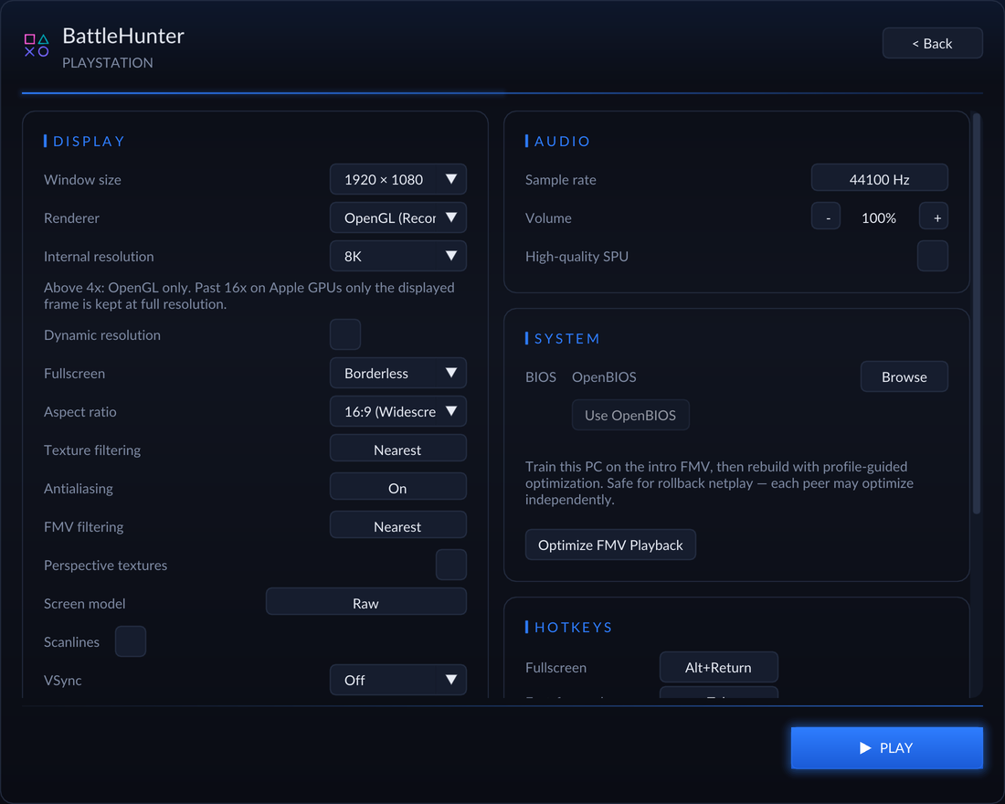 Configurações de vídeo e proporção do launcher Battle Hunter Recompiled