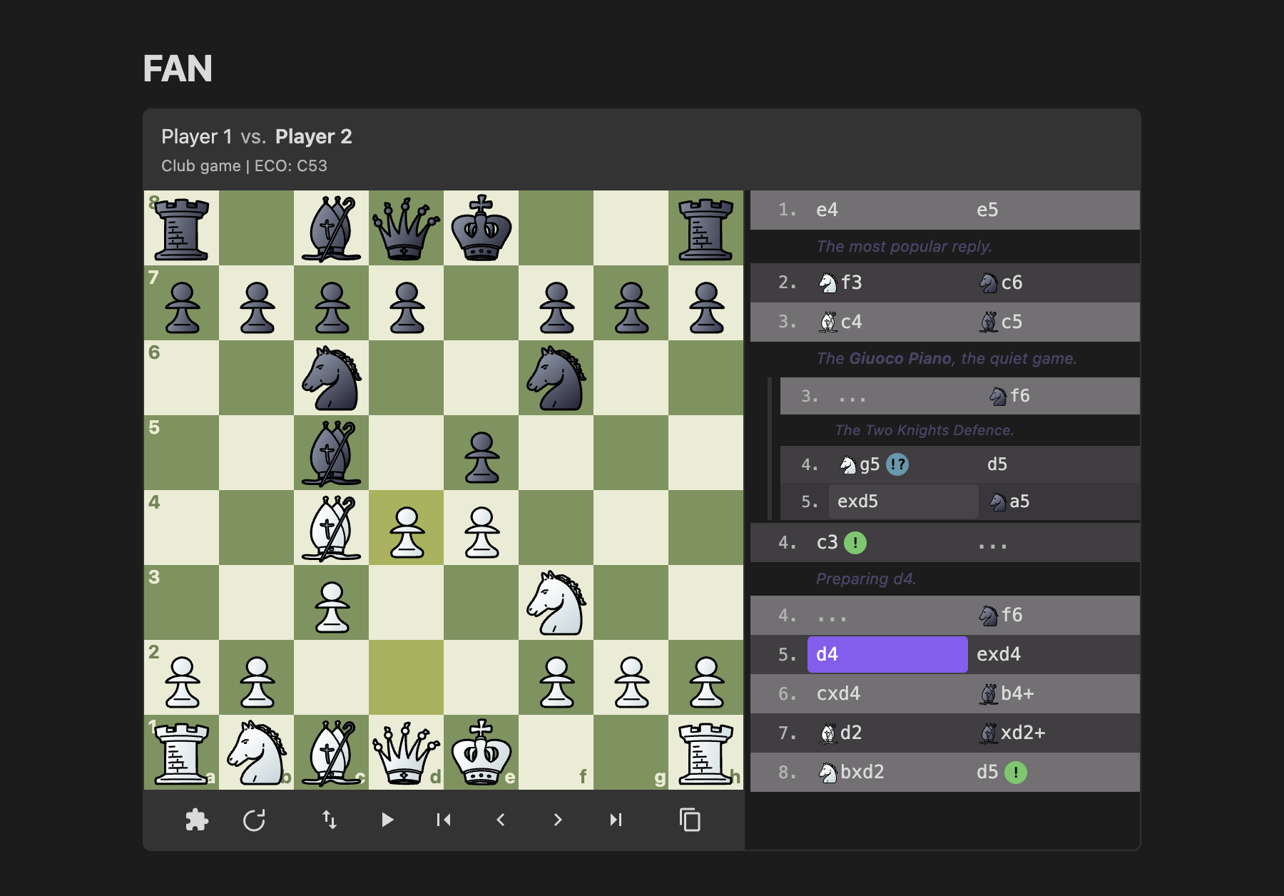 A move list in figurine notation with the fantasy piece set