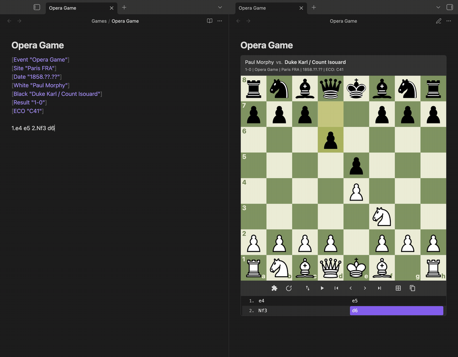 Typing moves into Opera Game.pgn while a note showing that file updates its board