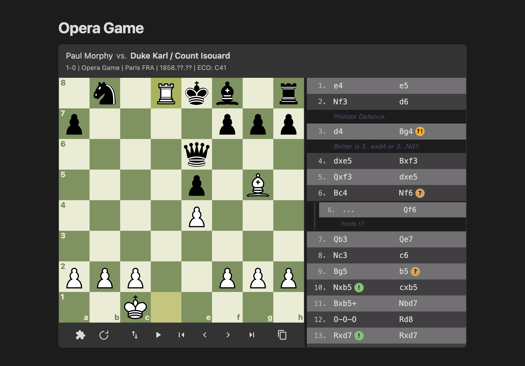 The Opera Game, Morphy's 1858 win, with its header, annotated move list, a variation and the board controls
