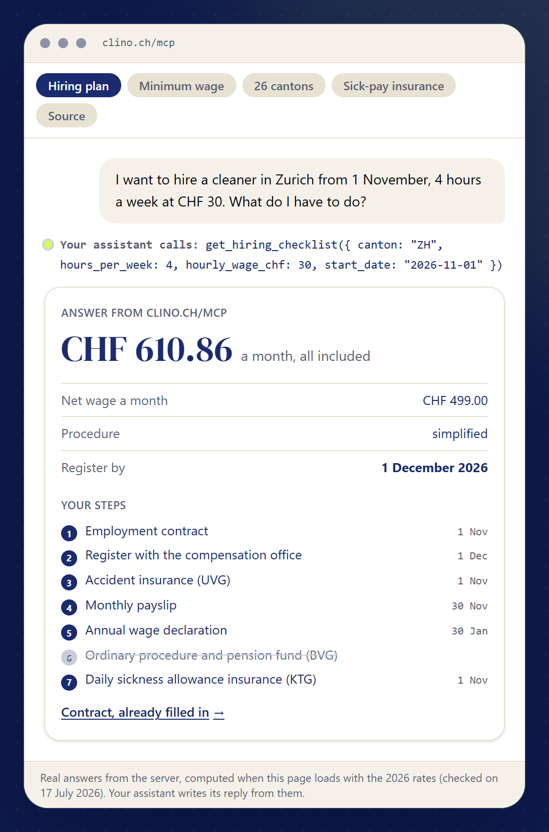 A hiring plan answered by clino.ch/mcp: cost, net wage, registration deadline and steps with dates