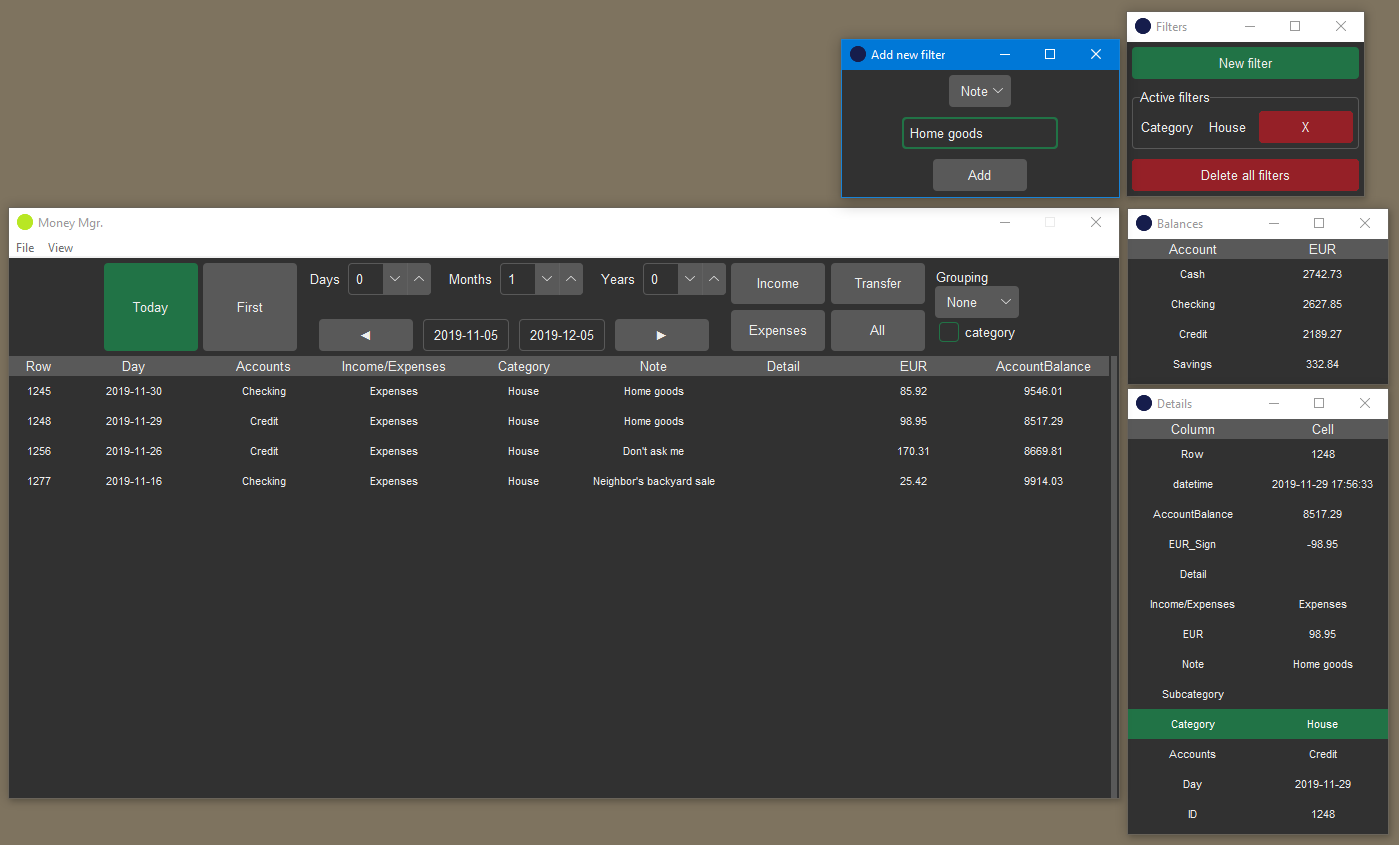Main, balances, details and filters windows