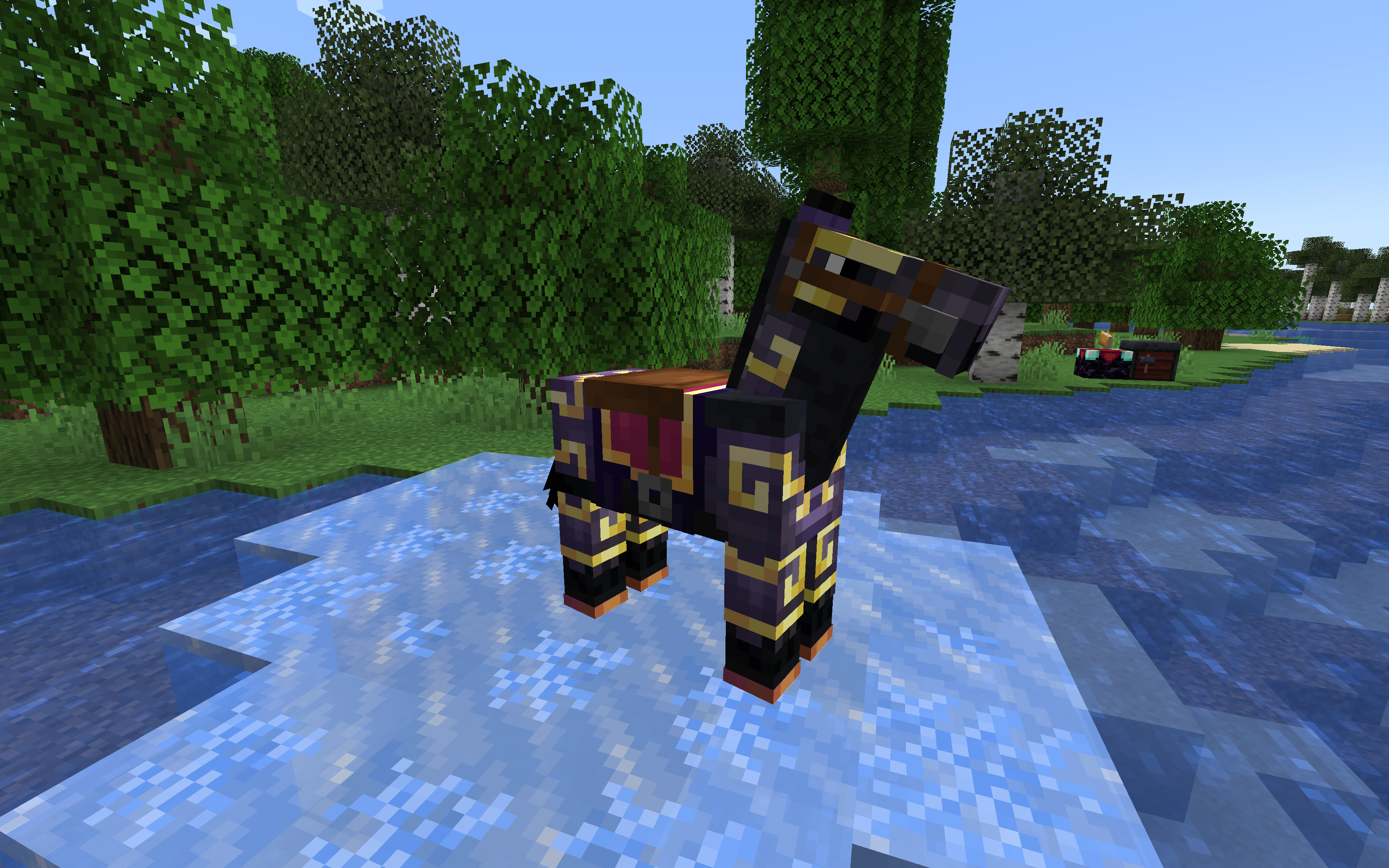 Black horse with gold-trimmed netherite armor and horseshoes standing on a frosted river