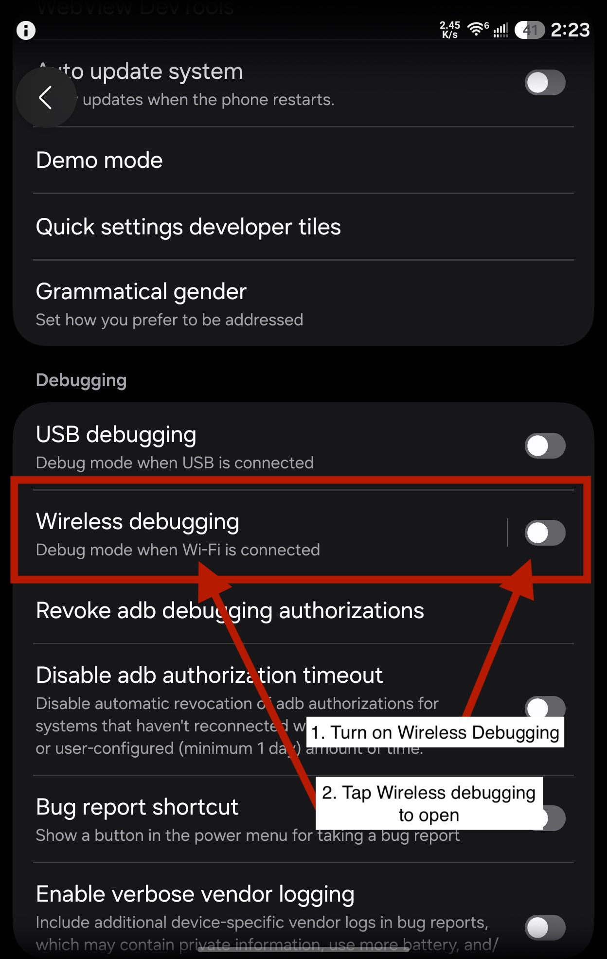 Wireless debugging toggle in Developer Options