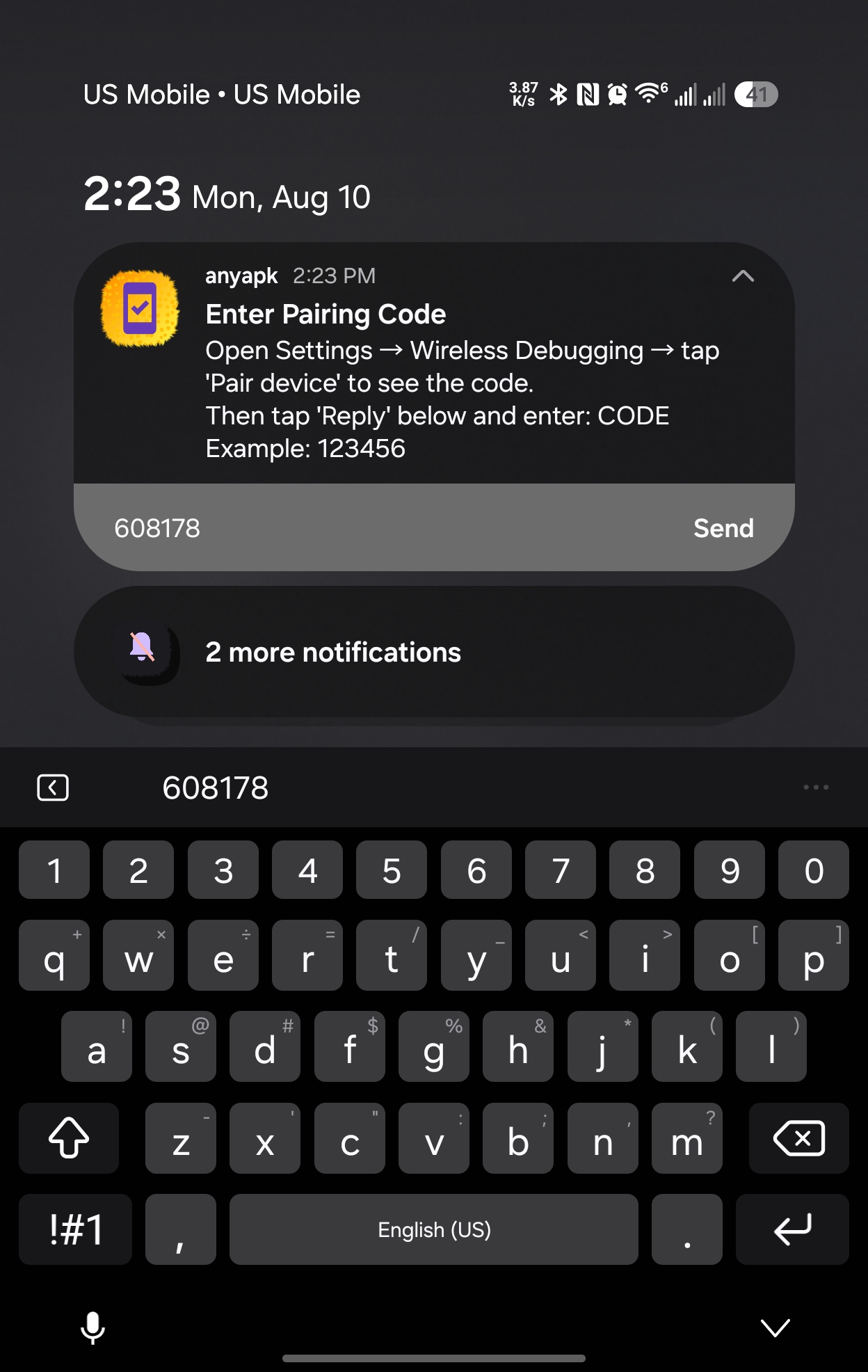 Entering the pairing code in anyapk's notification reply field