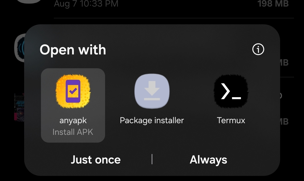 Android's Open with chooser showing anyapk selected alongside Package installer and Termux