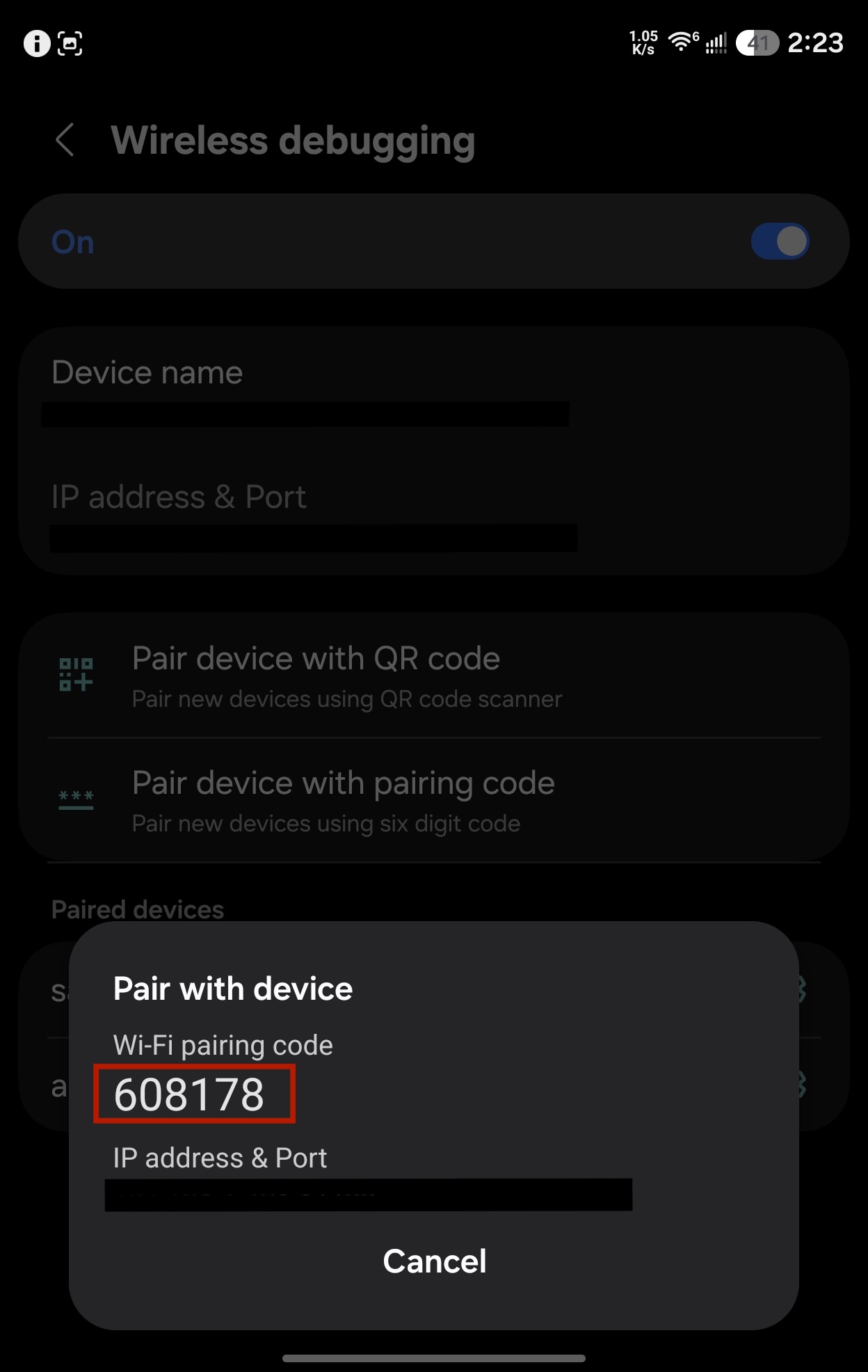 Pair with device dialog showing a six-digit pairing code