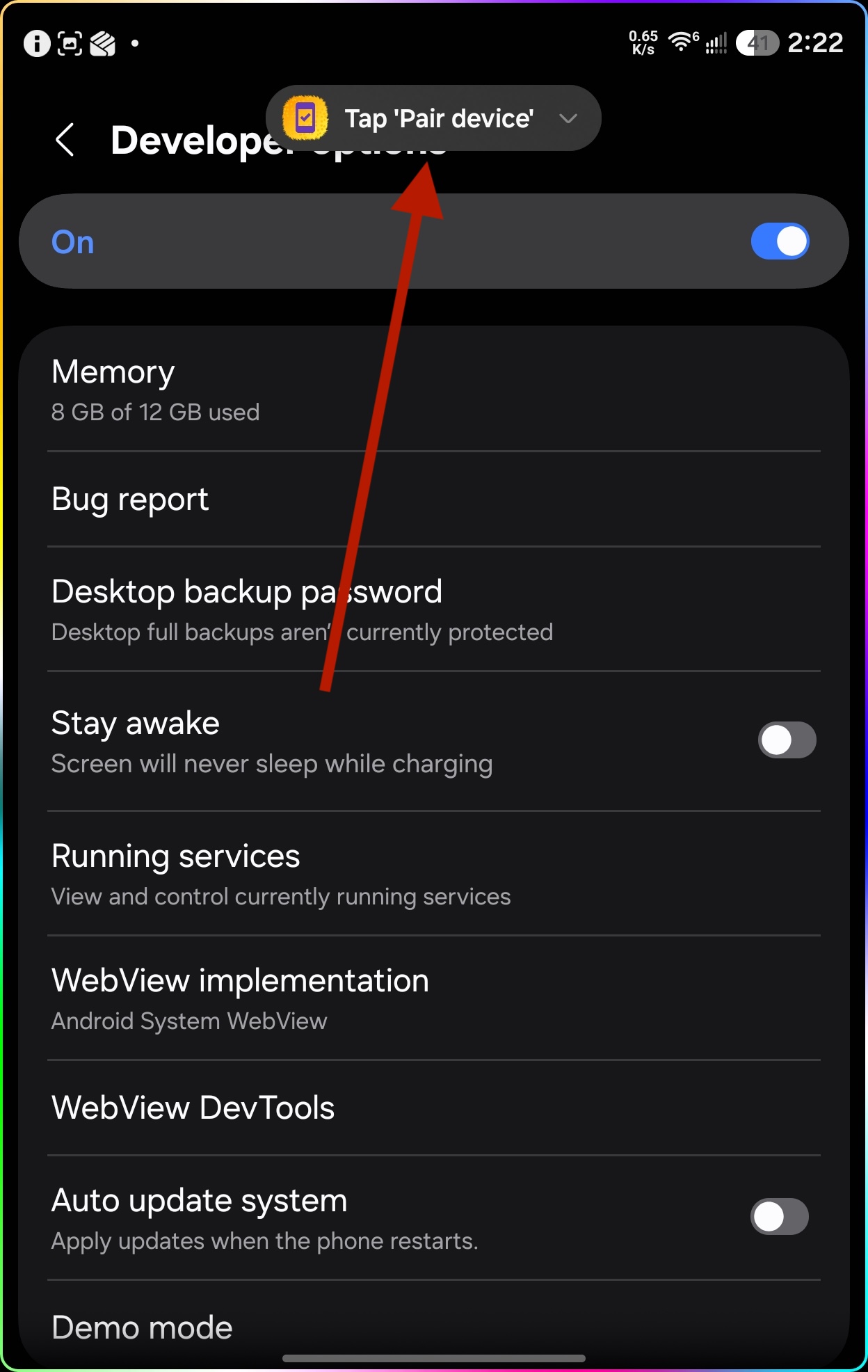 anyapk's pairing notification appearing over Developer Options