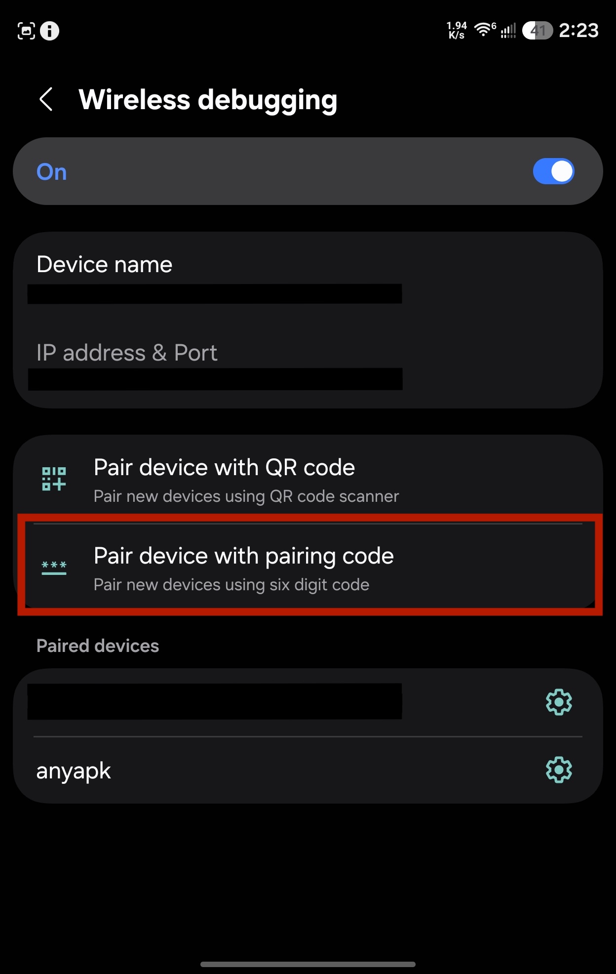 Pair device with pairing code option on the Wireless debugging screen