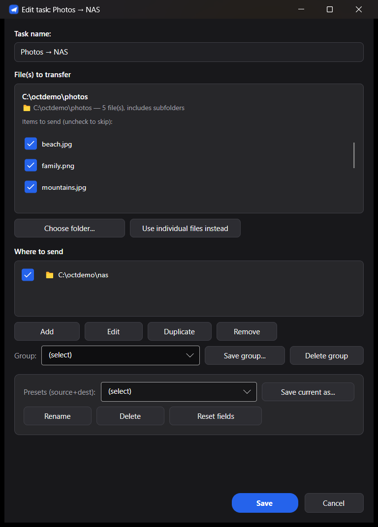 Folder source with the top-level exclude checklist