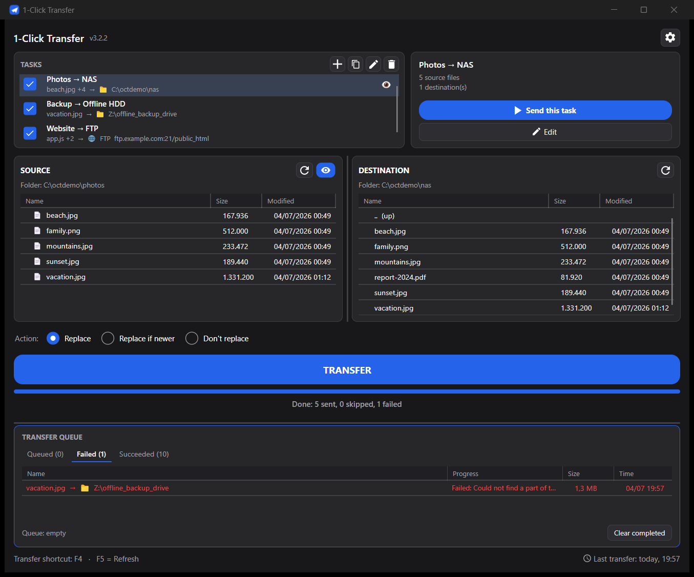 1-Click Transfer — main window