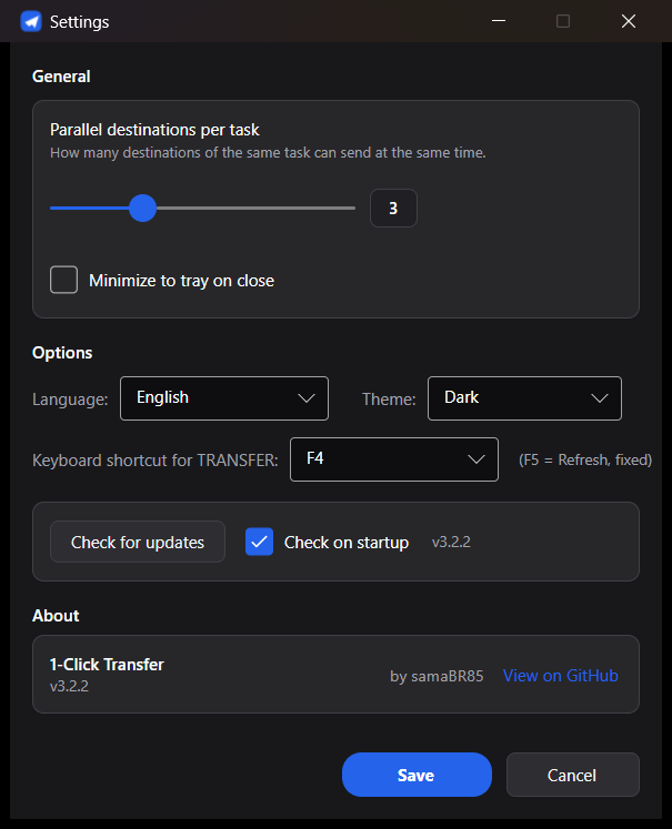 Settings window — parallel destinations, minimize to tray, language, theme, shortcut, updates